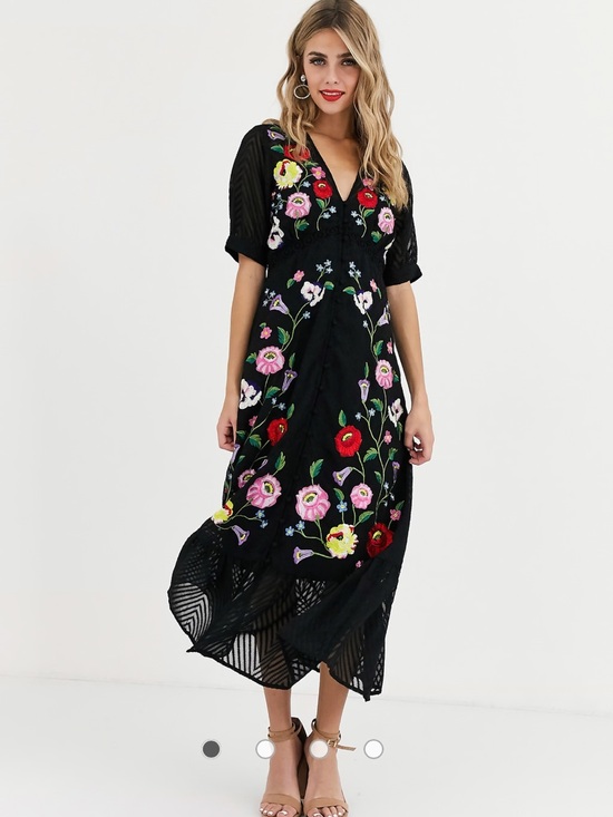 ASOS Dresses & Skirts - ASOS Black Midi Dress with Multicolor Floral Embroidery